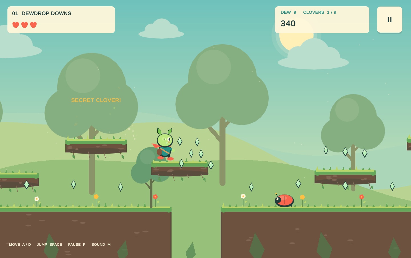 Actual Cloverbound gameplay with the courier, grassy platforms, collectible gems and a beetle.