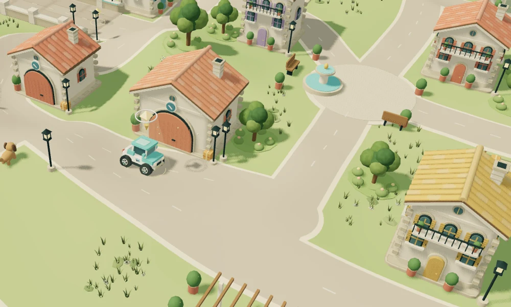 Odyssey gameplay: the first completed workshop beside the road and delivery car.