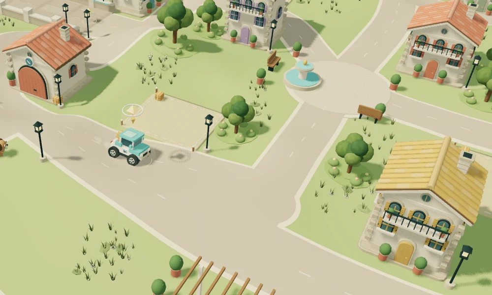 Odyssey gameplay: the car carries a parcel toward its marked destination.