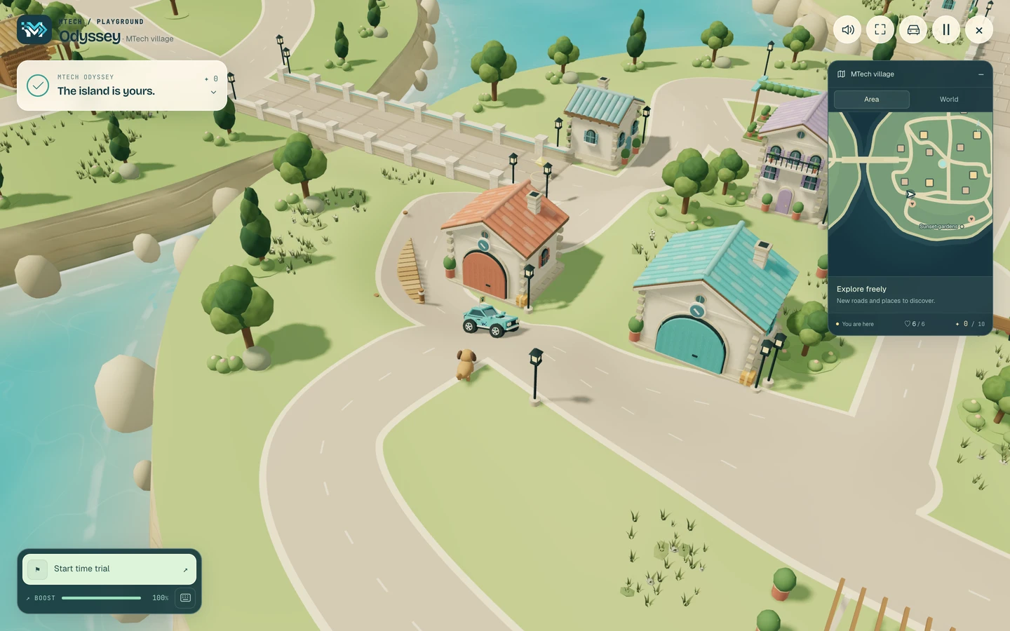 Actual MTech Odyssey gameplay showing the car, island landscape and driving controls